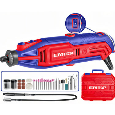 MINI AMOLADORA 130W 3.2MM EMTOP (INCLUYE EJE FLEXIBLE, ACCESORIOS Y MALETIN)